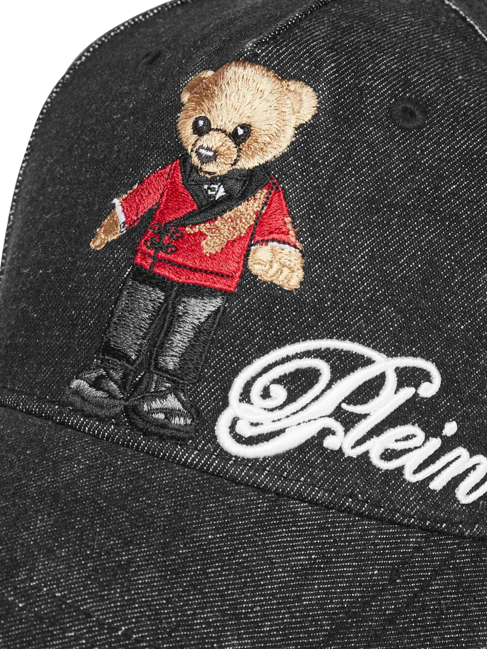Philipp Plein Bear-embroidered Denim Cap In Black