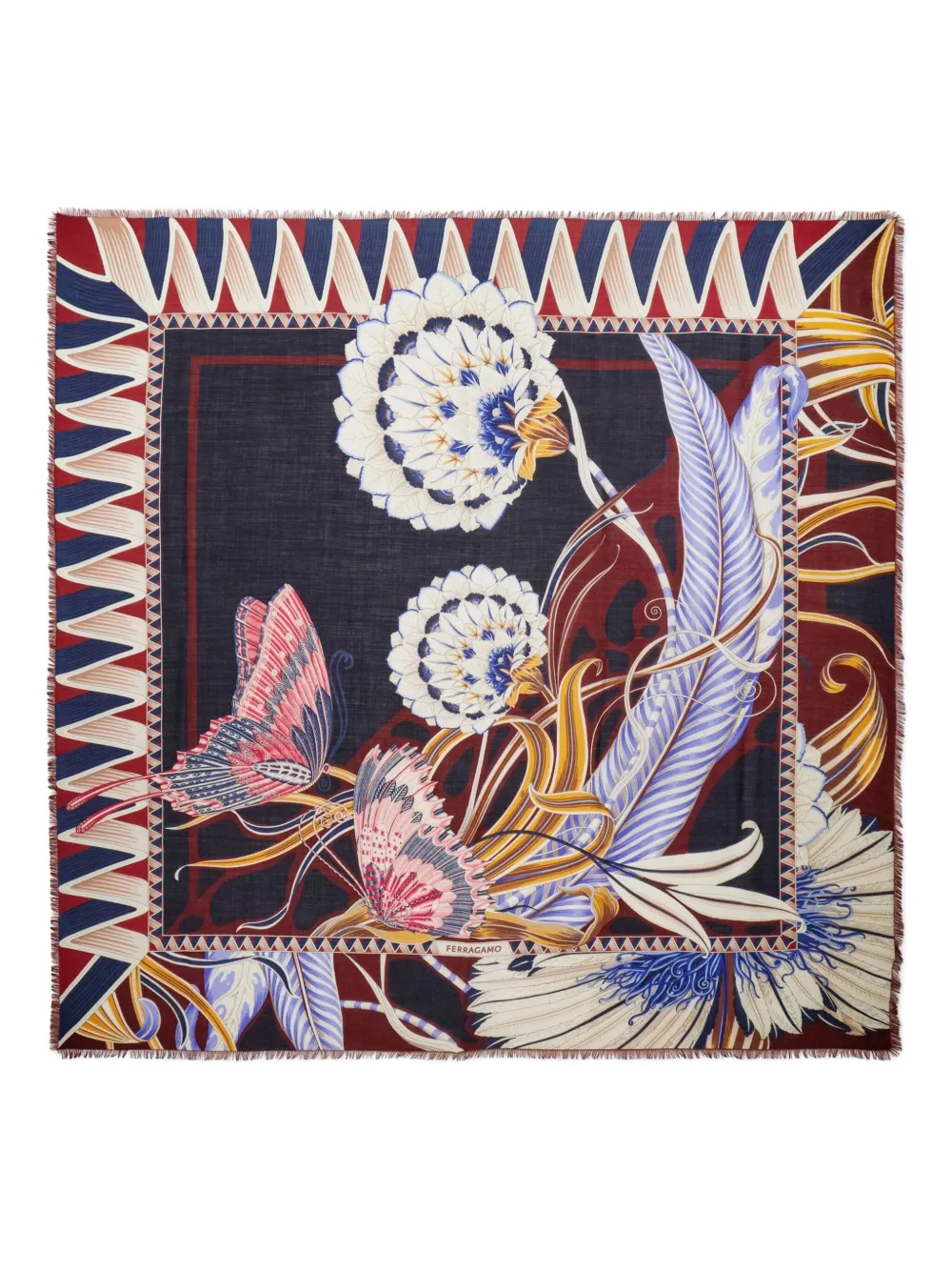 Ferragamo floral-print fringed scarf - ブルー Ferragamo floral-print fringed scarf - ブルー