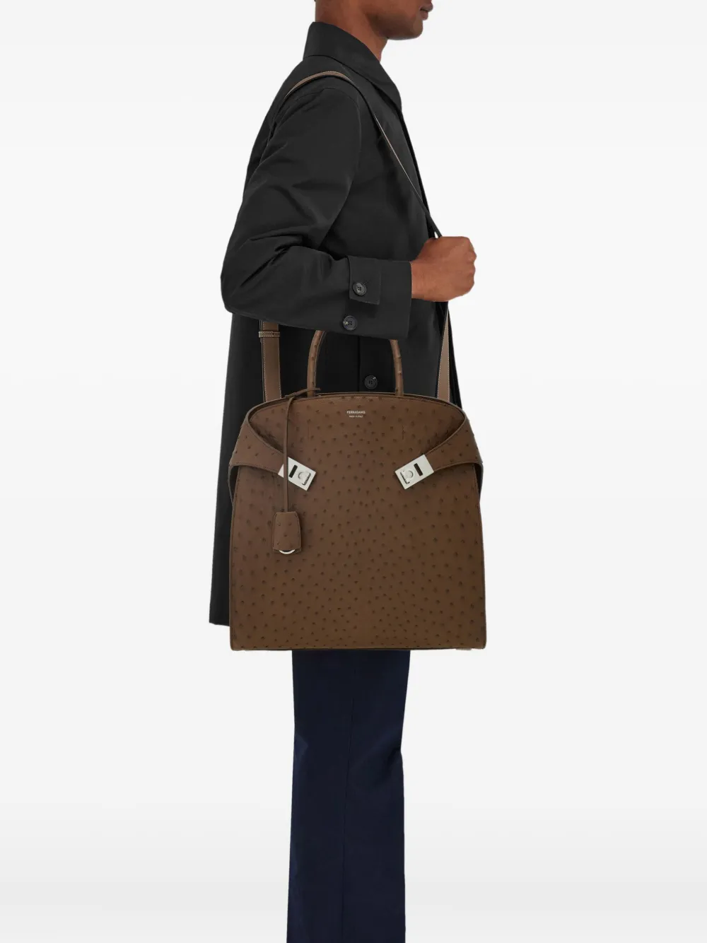 Ferragamo Hug Ostrich Leather Gancini-buckle Tote Bag In Brown