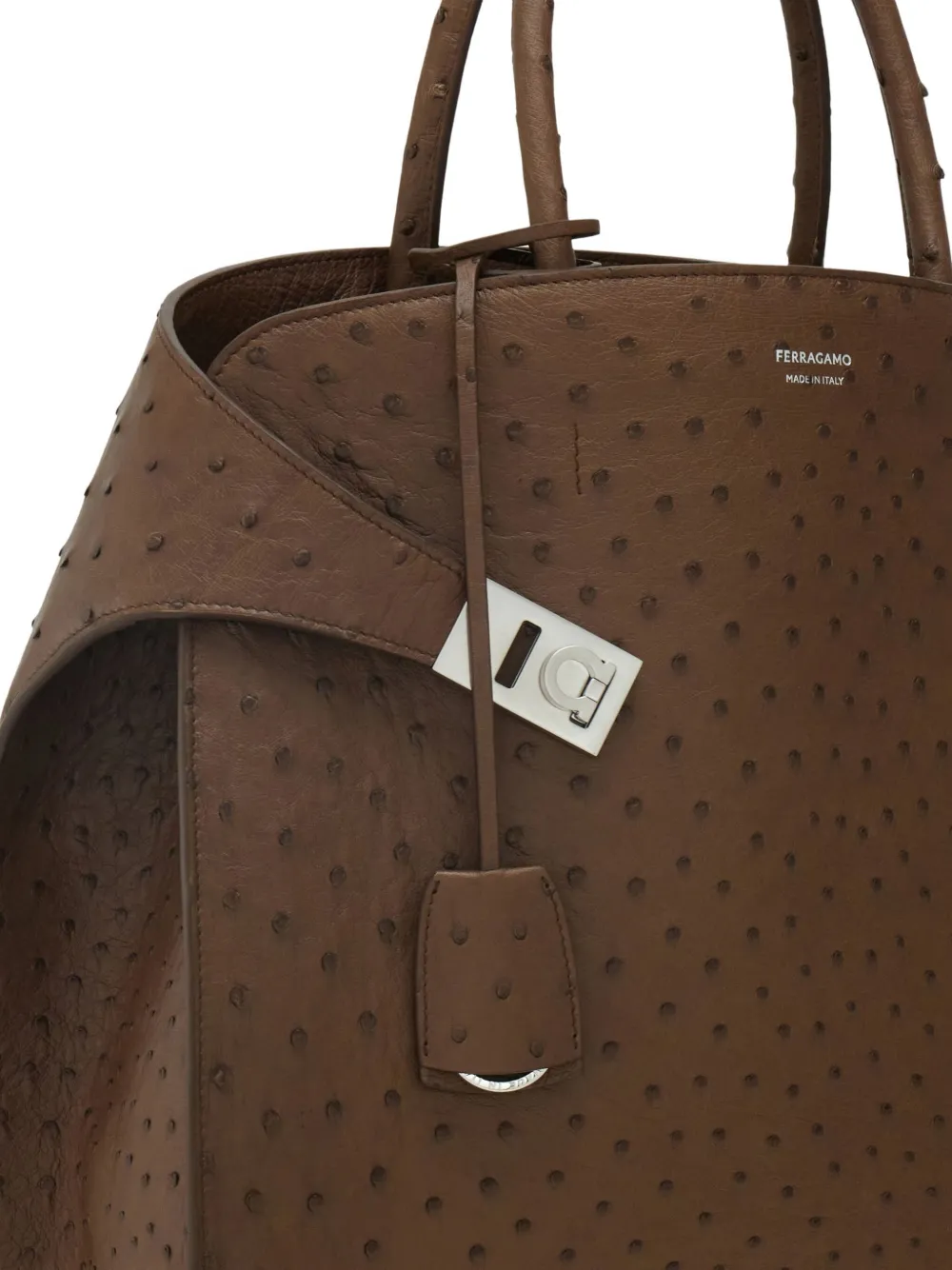 Ferragamo Hug Ostrich Leather Gancini-buckle Tote Bag In Brown
