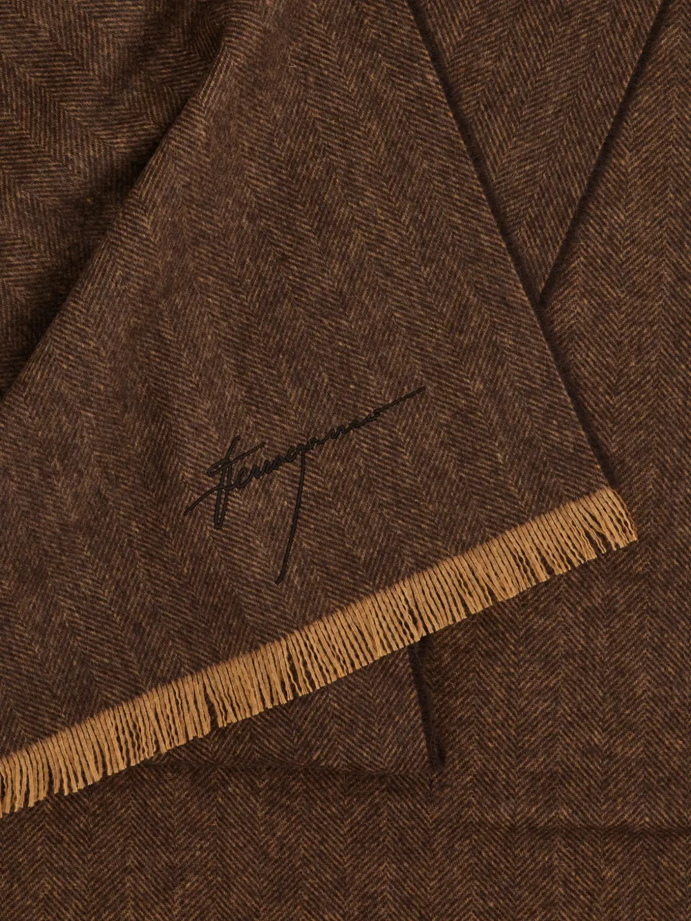 Ferragamo Chevron-pattern Fringed Scarf In Brown