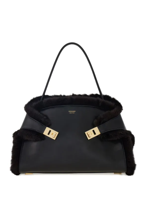 Ferragamo Medium Hug Soft fur-trimmed Shoulder Bag | Black | FARFETCH