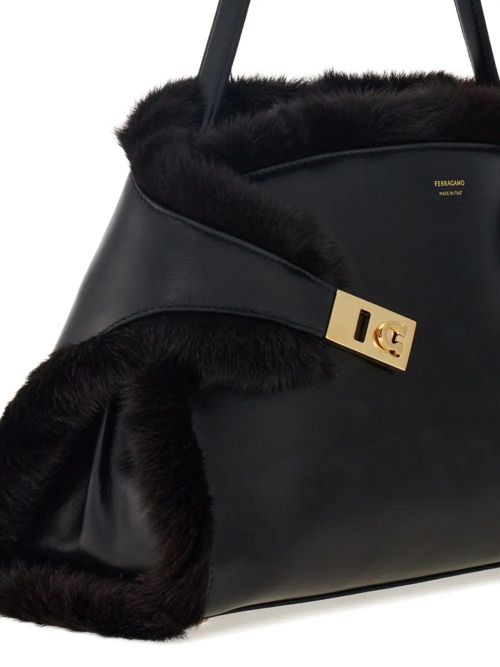 Ferragamo Hug Shearling-trimmed Leather Shoulder Bag In Black