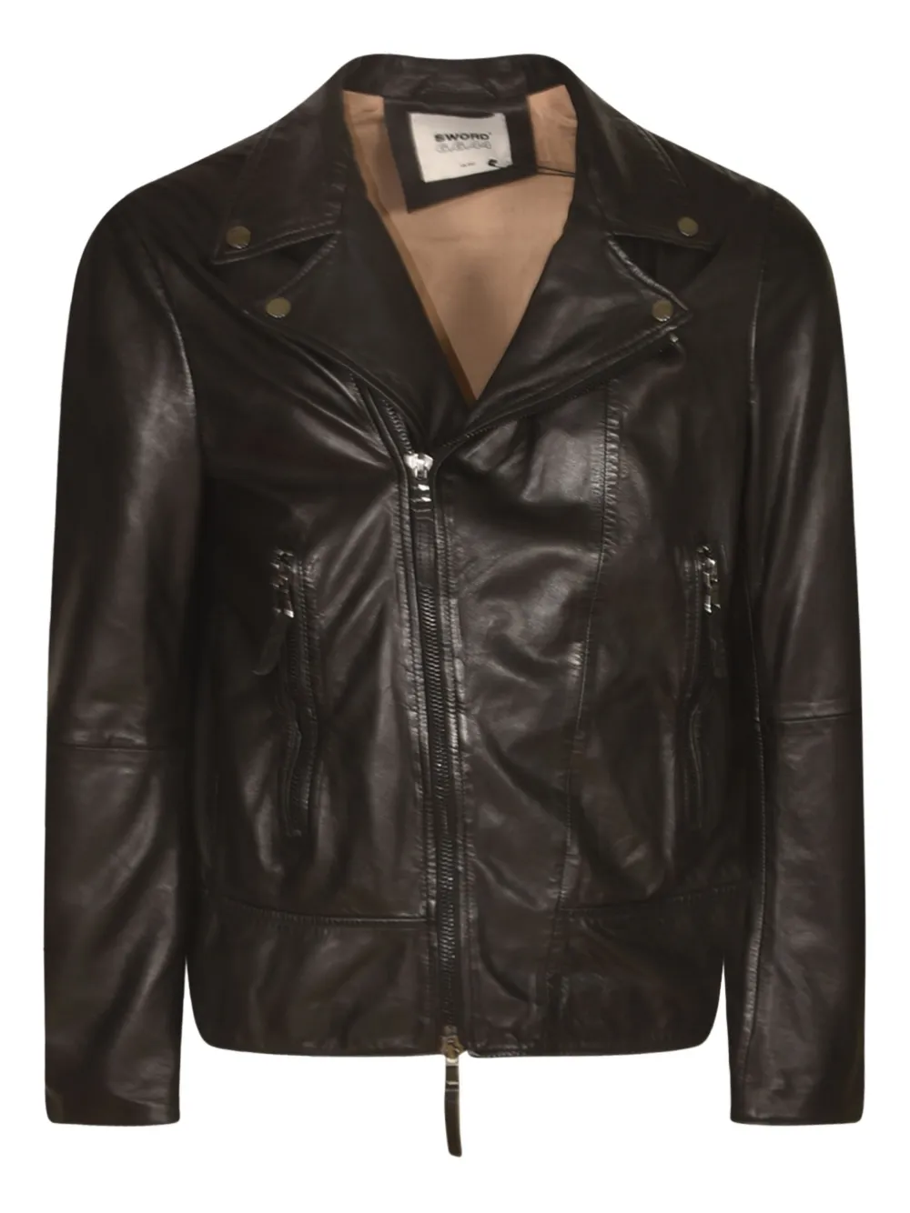 Sword zip-up leather biker jacket - Marrone