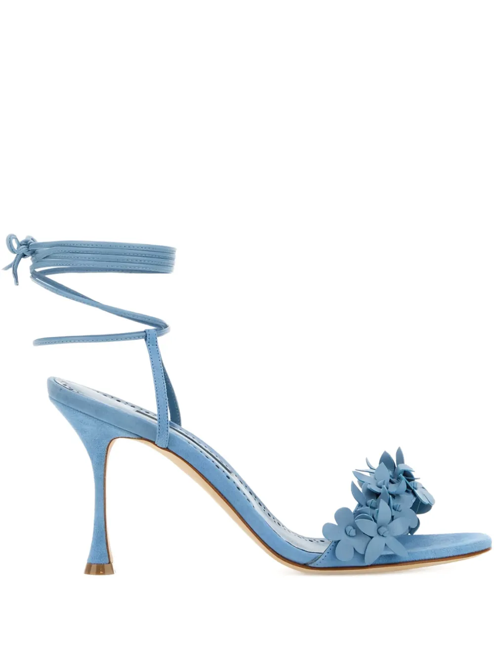 Manolo Blahnik 90mm flower-embellished lace-up heeled sandals Blue