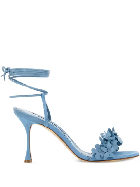 Manolo Blahnik 90mm flower-embellished lace-up heeled sandals