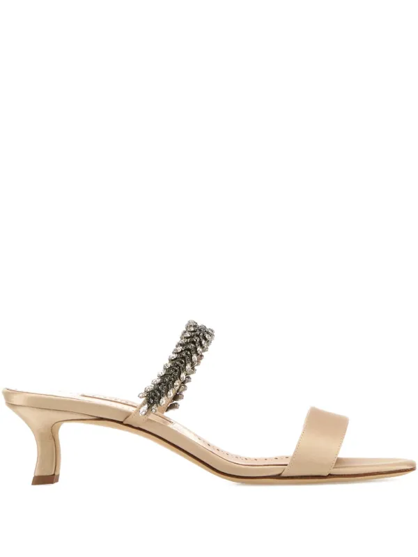 Manolo Blahnik 50mm Kifasan Beaded Satin Sandals in Neutrals