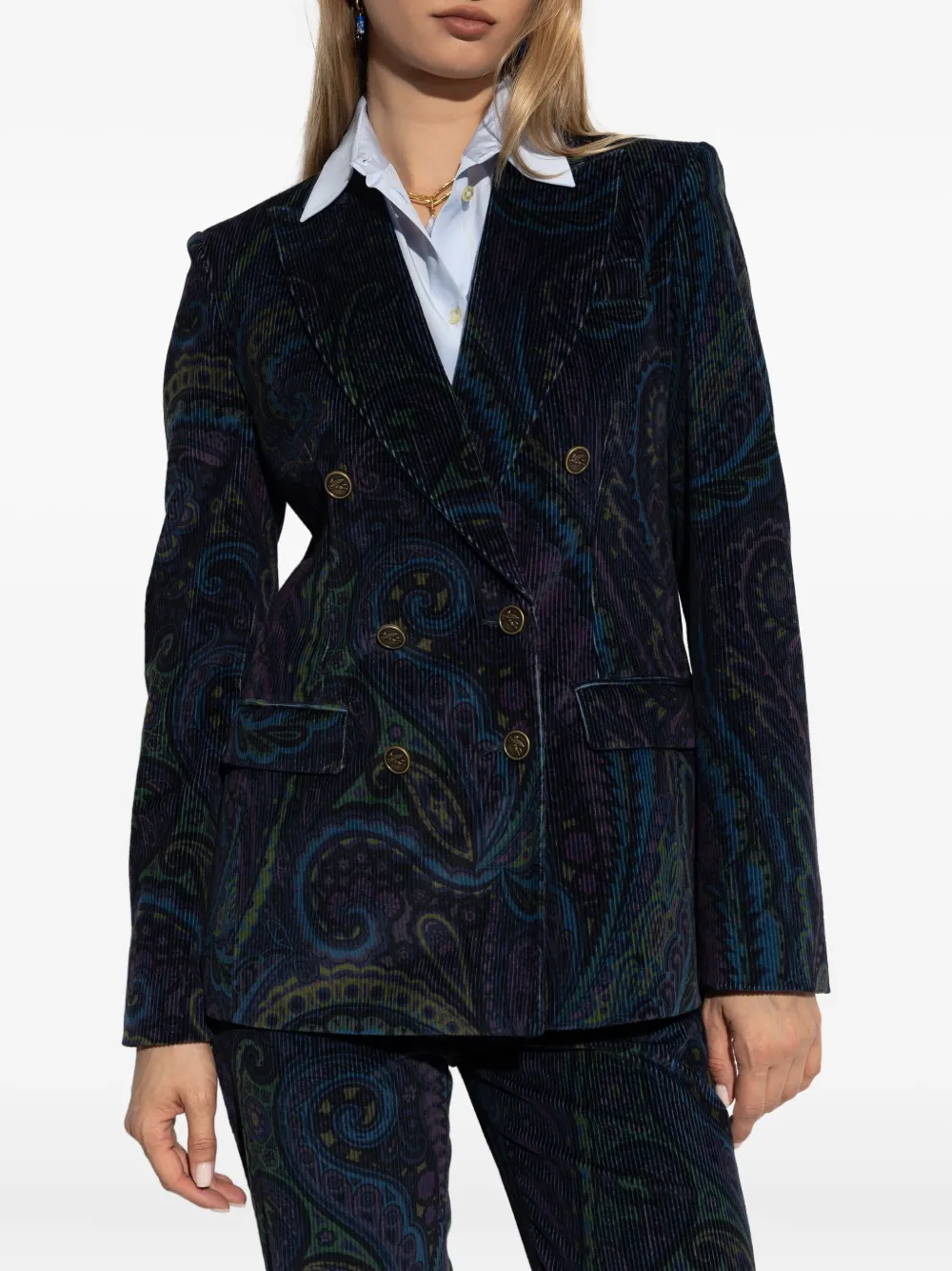 ETRO corduroy double-breasted blazer Blauw