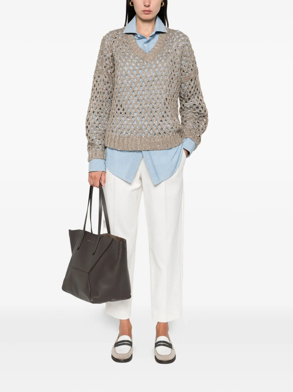 Brunello Cucinelli sequin-embellished open-knit sweater | Knitted Sweaters | Image 2