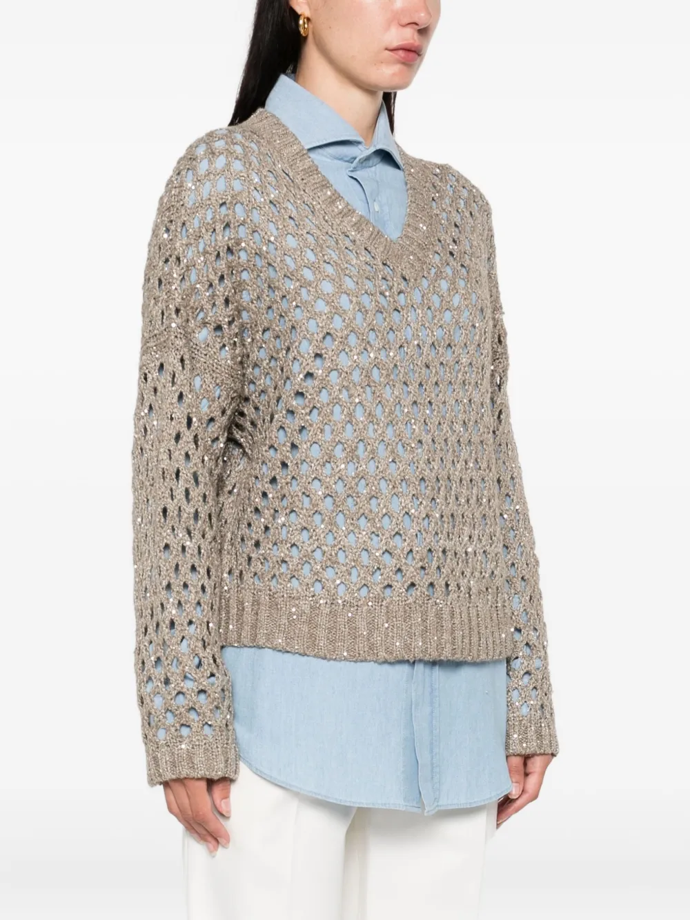 Brunello Cucinelli Opengebreide trui verfraaid met pailletten Beige