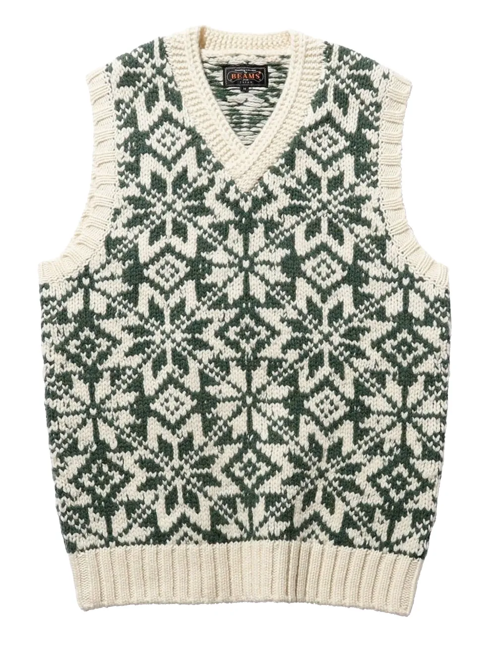 BEAMS PLUS snowflake-pattern v-neck vest | Green | Image 1