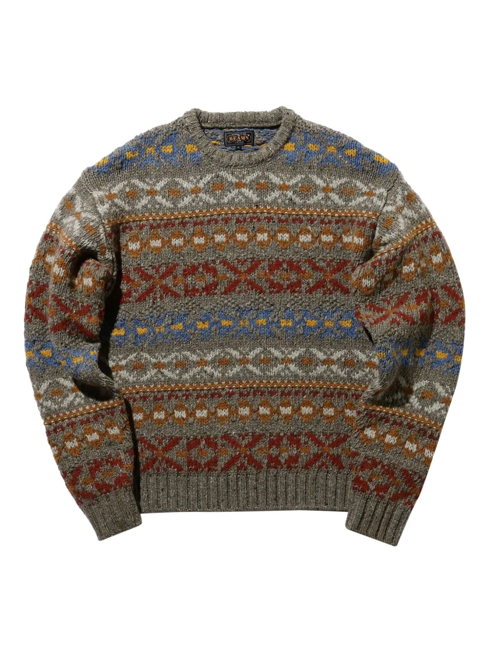 BEAMS PLUS 几何图案圆领毛衣 | 灰色 | Image 1