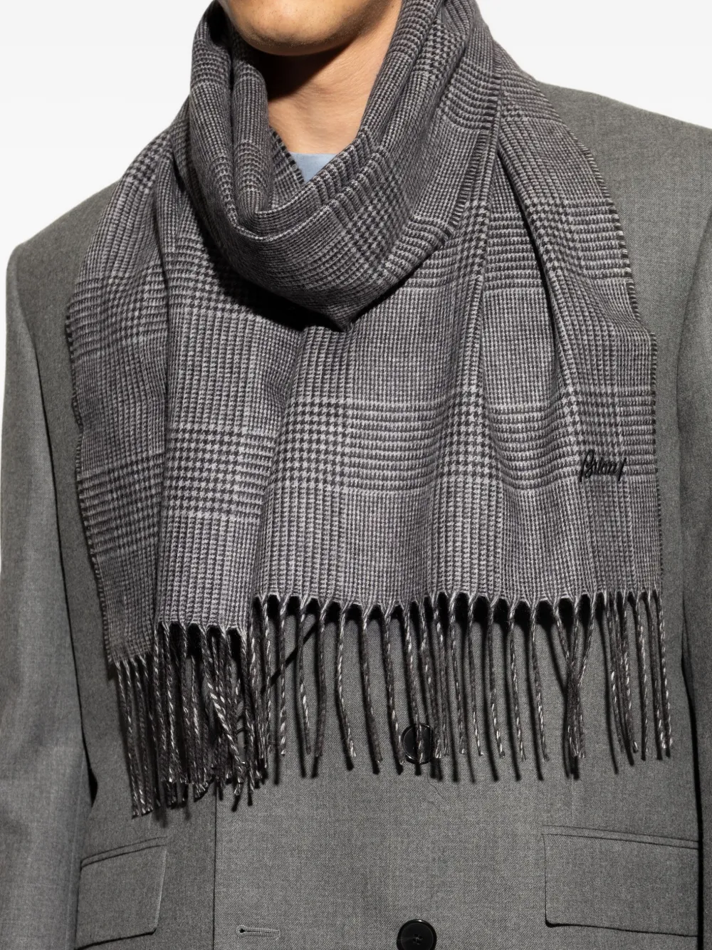 Brioni houndstooth-pattern fringed scarf Grijs