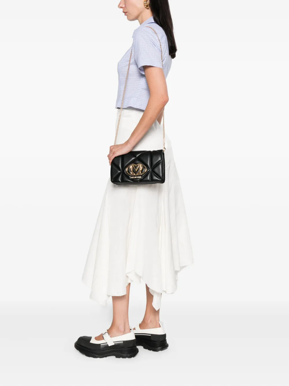 Love Moschino quilted logo-plaque shoulder bag Zwart