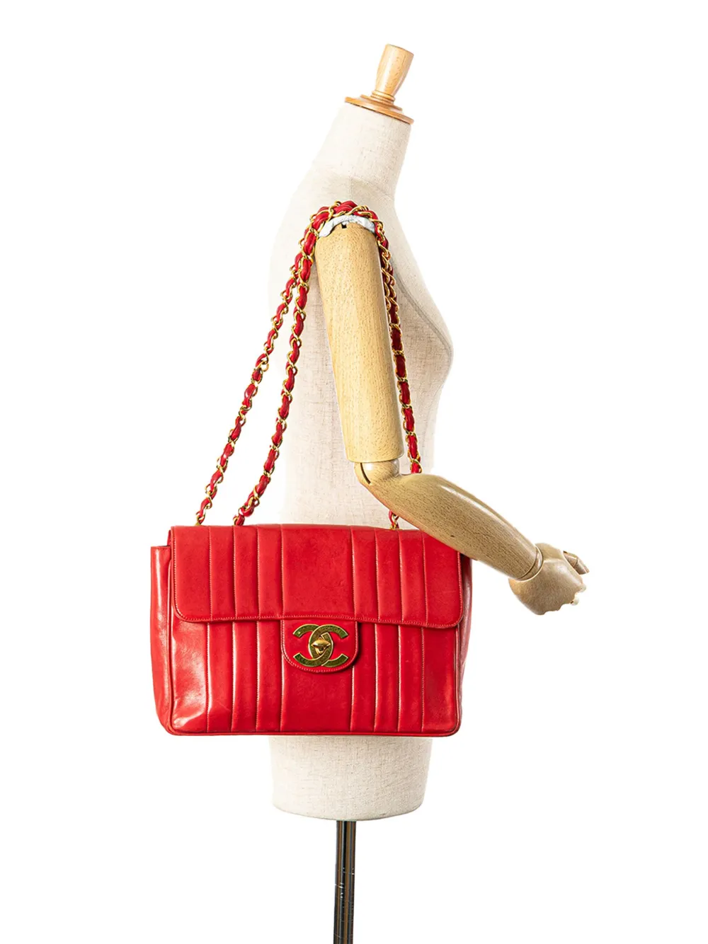 Pre-owned Chanel 1994-1996 Jumbo Xl Vertical Quilt Lambskin Single Flap Shoulder Bag In Red