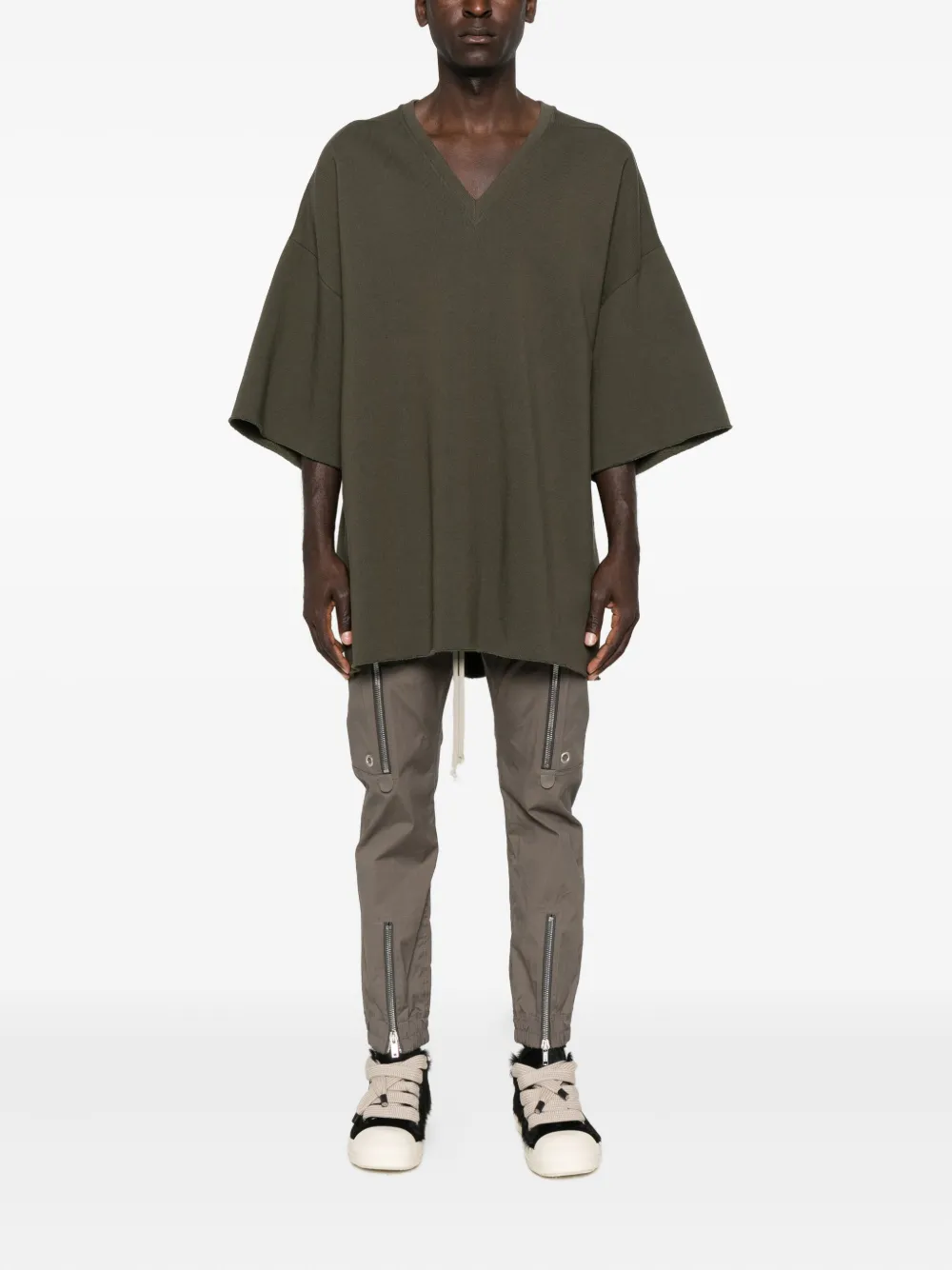 Rick Owens Oversized V Neck T-shirt With Raw Hem In Gray