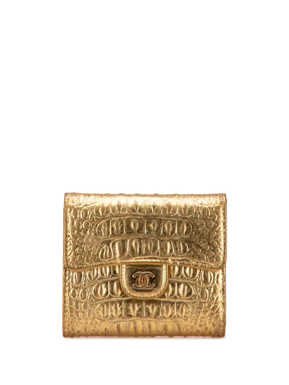 CHANEL Pre-Owned 2019 CC Metallic Calfskin Crocodile Embossed Compact Flap Wallet small wallets | Gold | Image 1