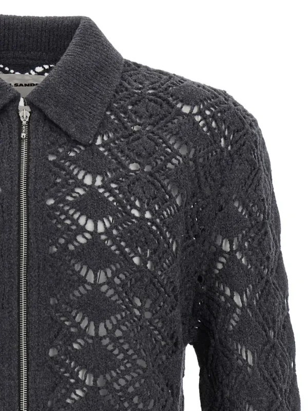 Jil Sander perforated-detail zip-front Cardigan | Grey | FARFETCH