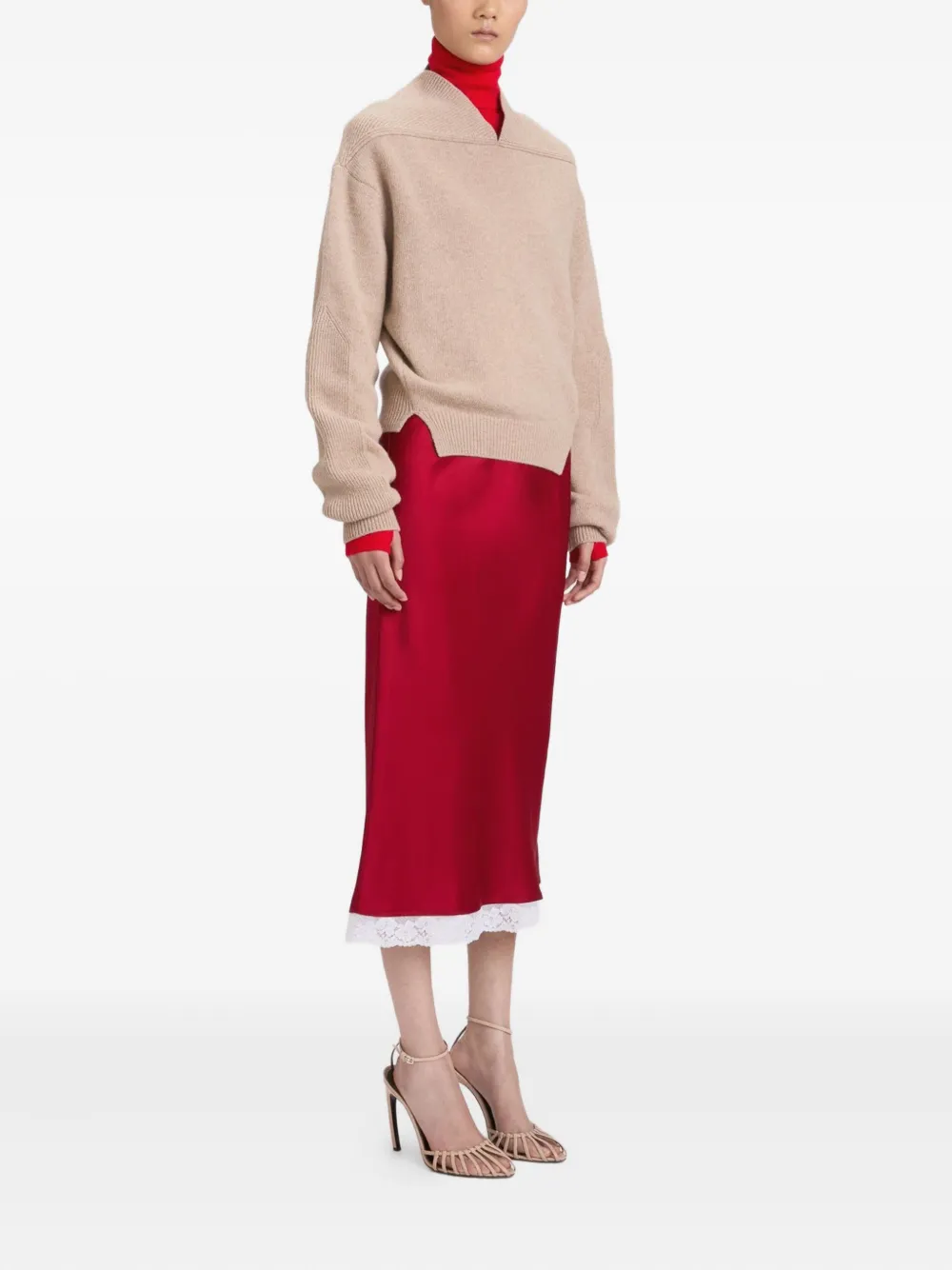Victoria Beckham Midi-rok met kanten afwerking Rood