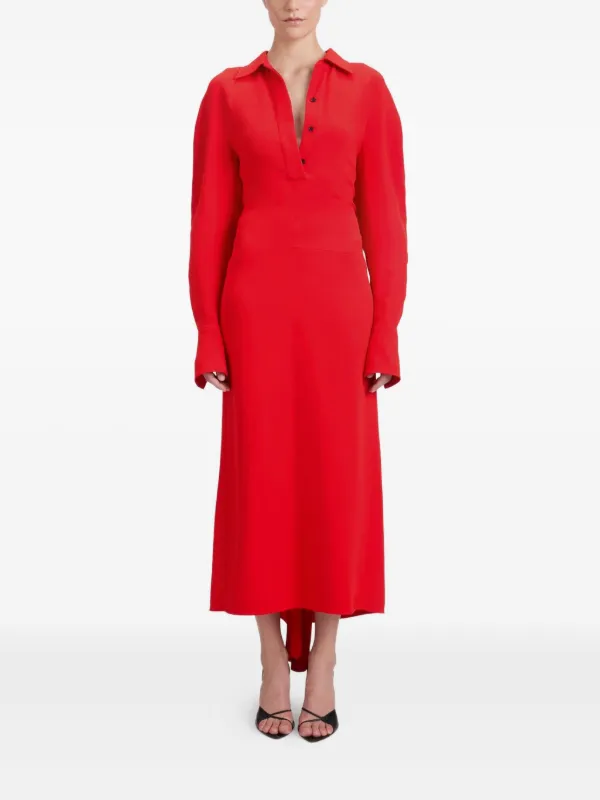 Victoria Beckham long-sleeve polo-collar Midi Dress | Red Victoria Beckham long-sleeve polo-collar Midi Dress | Red