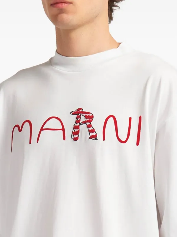 Marni Cotton T-shirt With Flocked Animal Alphabet Logo | White