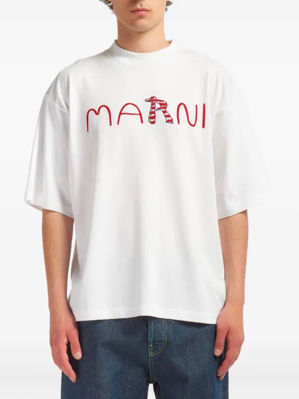Marni Cotton T-shirt with Flocked Animal Alphabet Logo in White