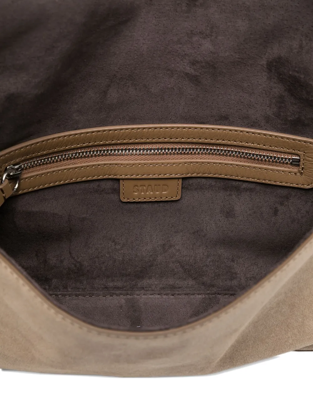 STAUD Harlow buckled suede shoulder bag Grijs