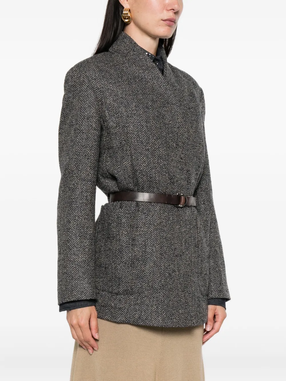 Brunello Cucinelli herringbone-pattern belted jacket Blauw