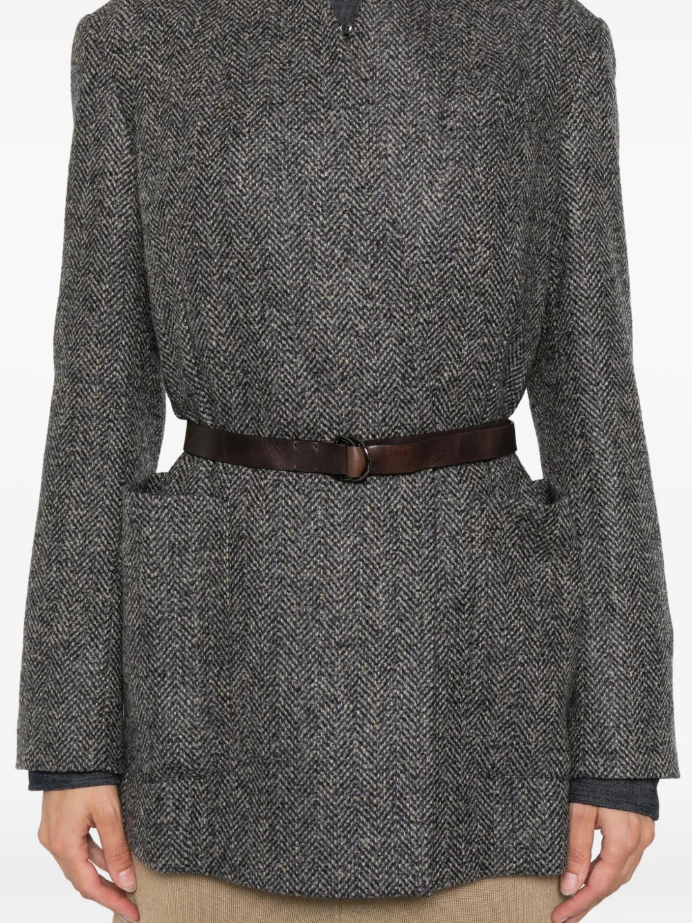 Brunello Cucinelli herringbone-pattern belted jacket Blauw