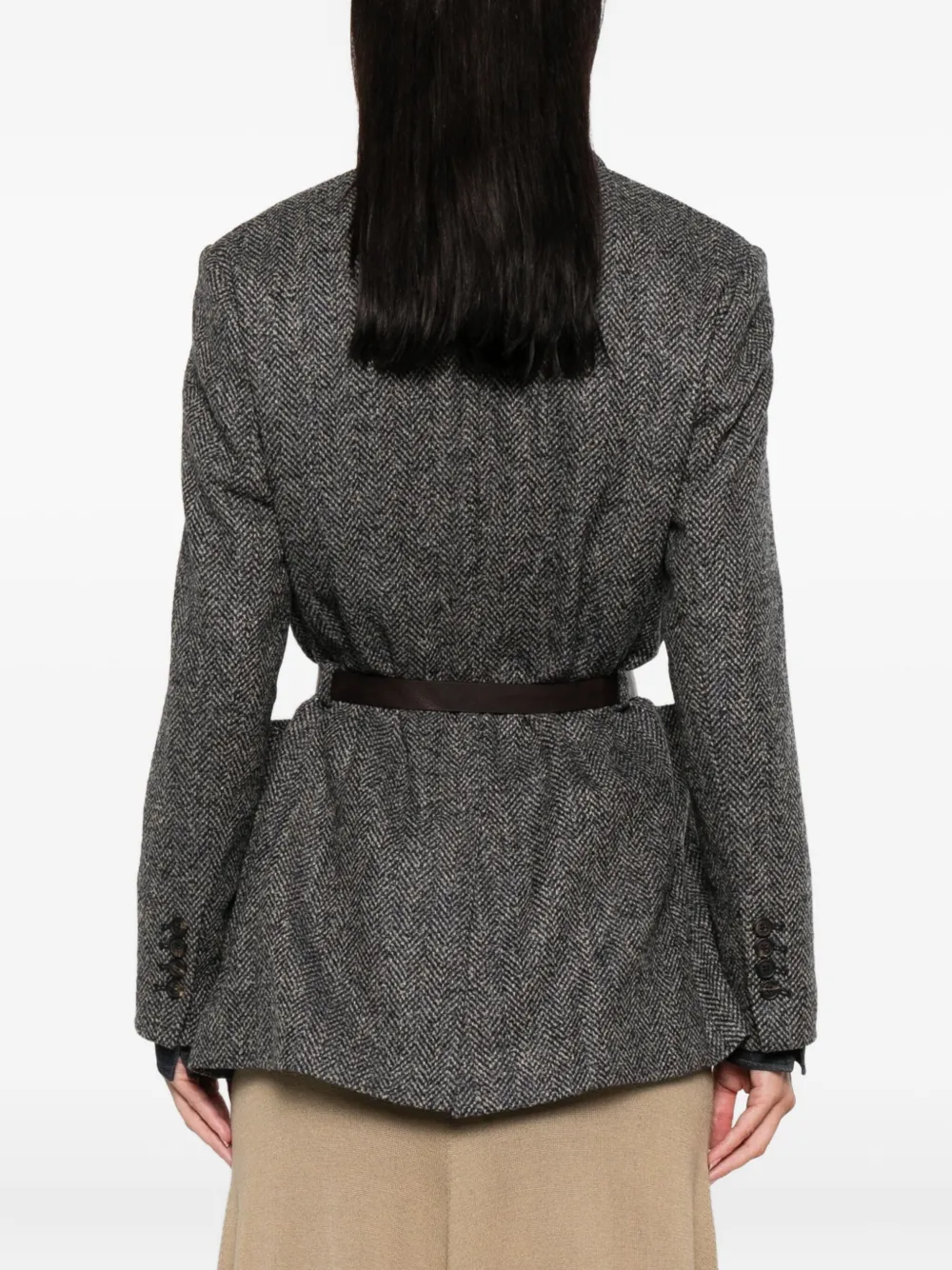 Brunello Cucinelli herringbone-pattern belted jacket Blauw