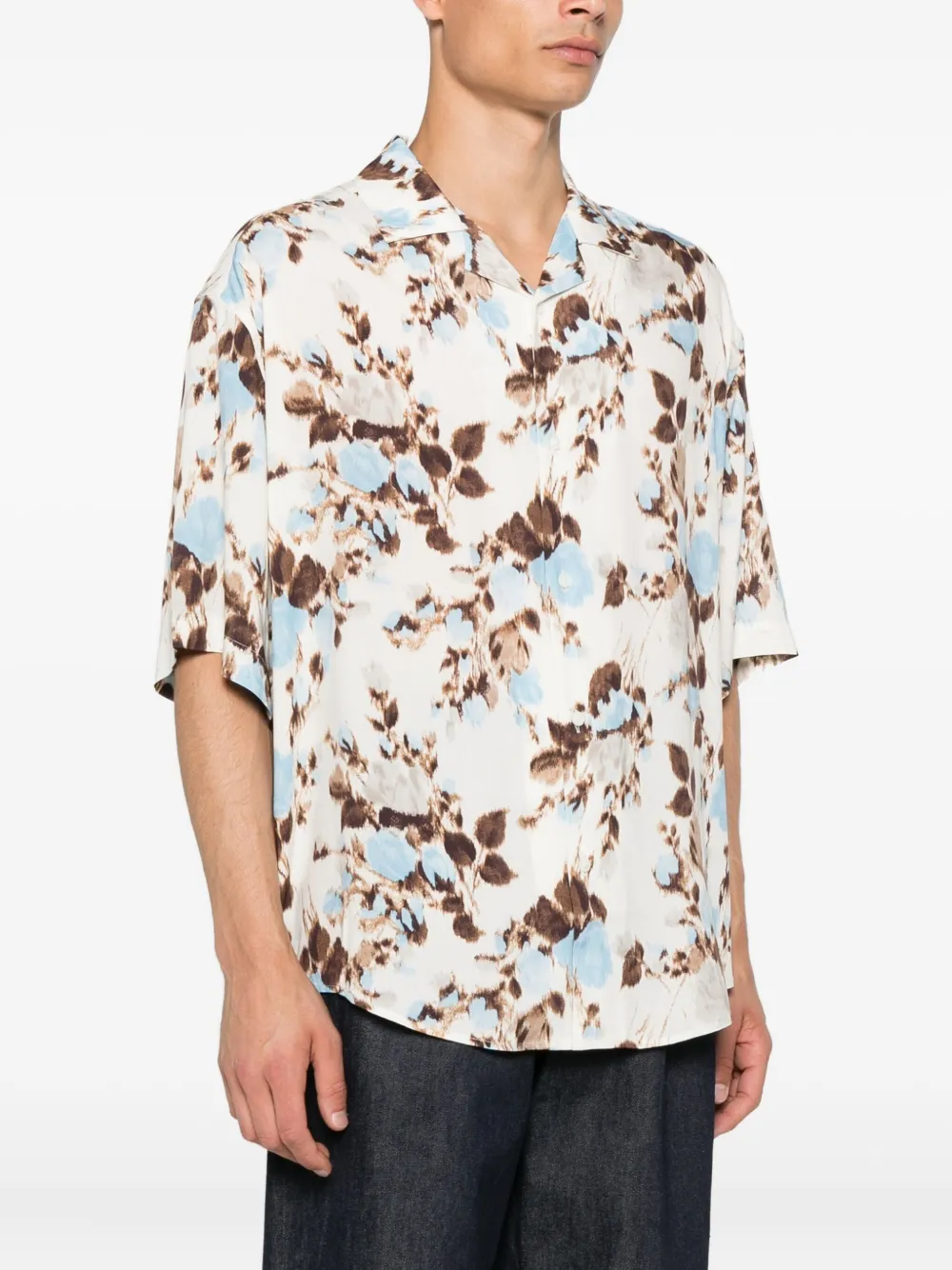 AMI Paris Overhemd met campkraag en bloemenprint Beige