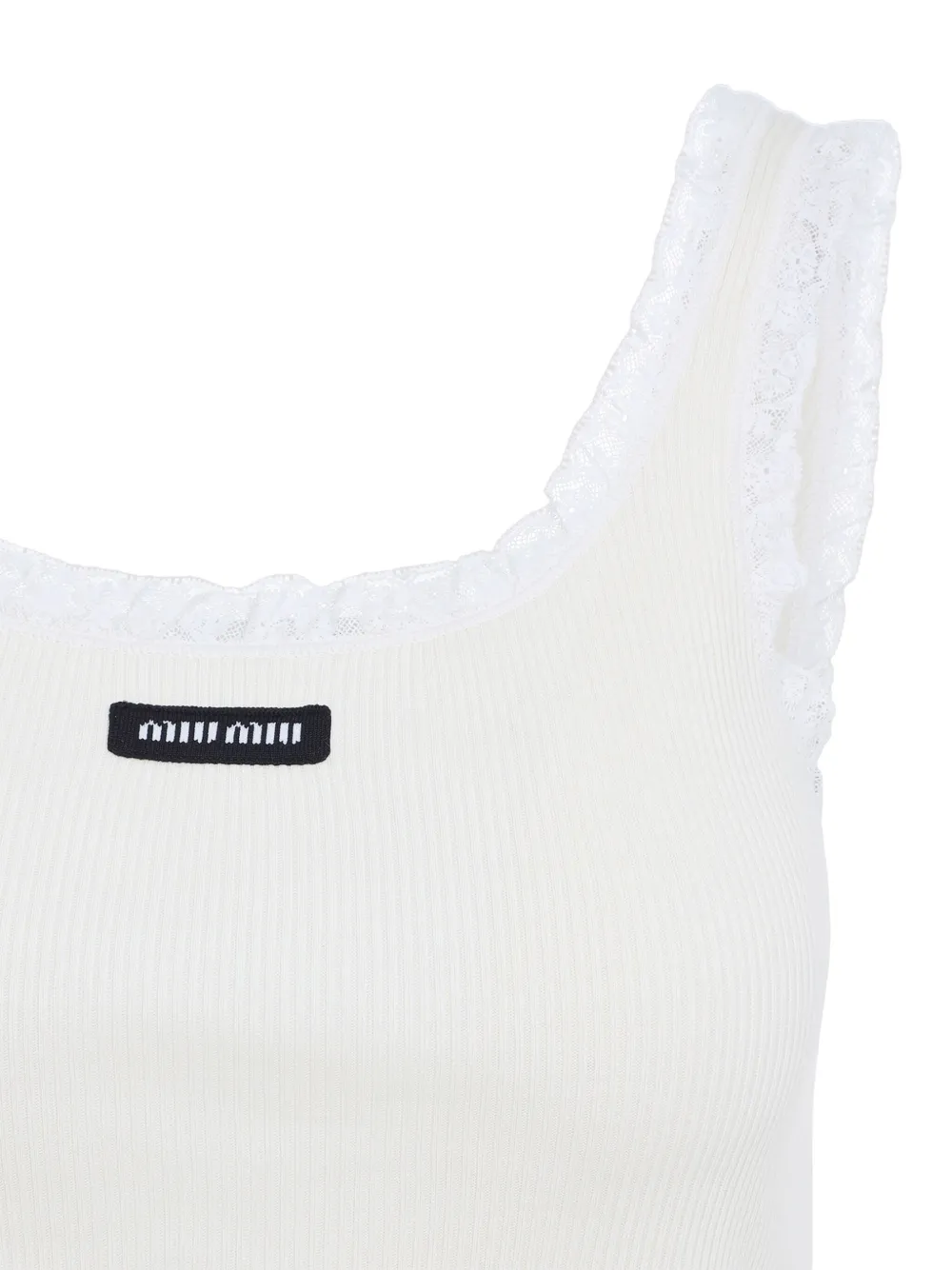 Miu Geribbelde top met kanten afwerking Wit