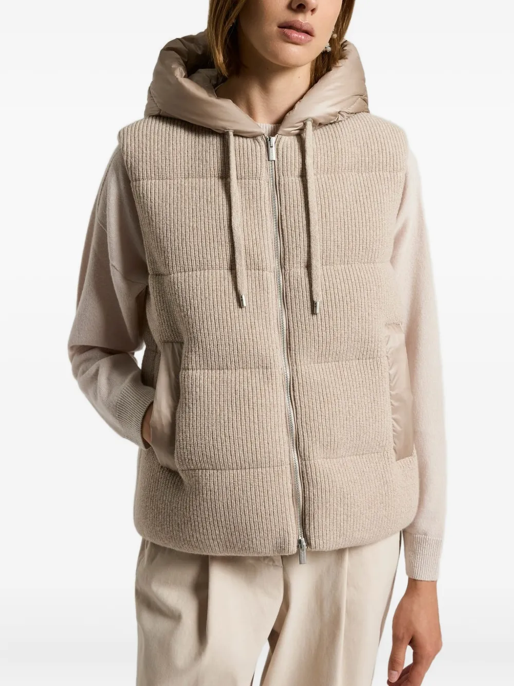 Peserico Hooded Ribbed Padded Vest In Neutral