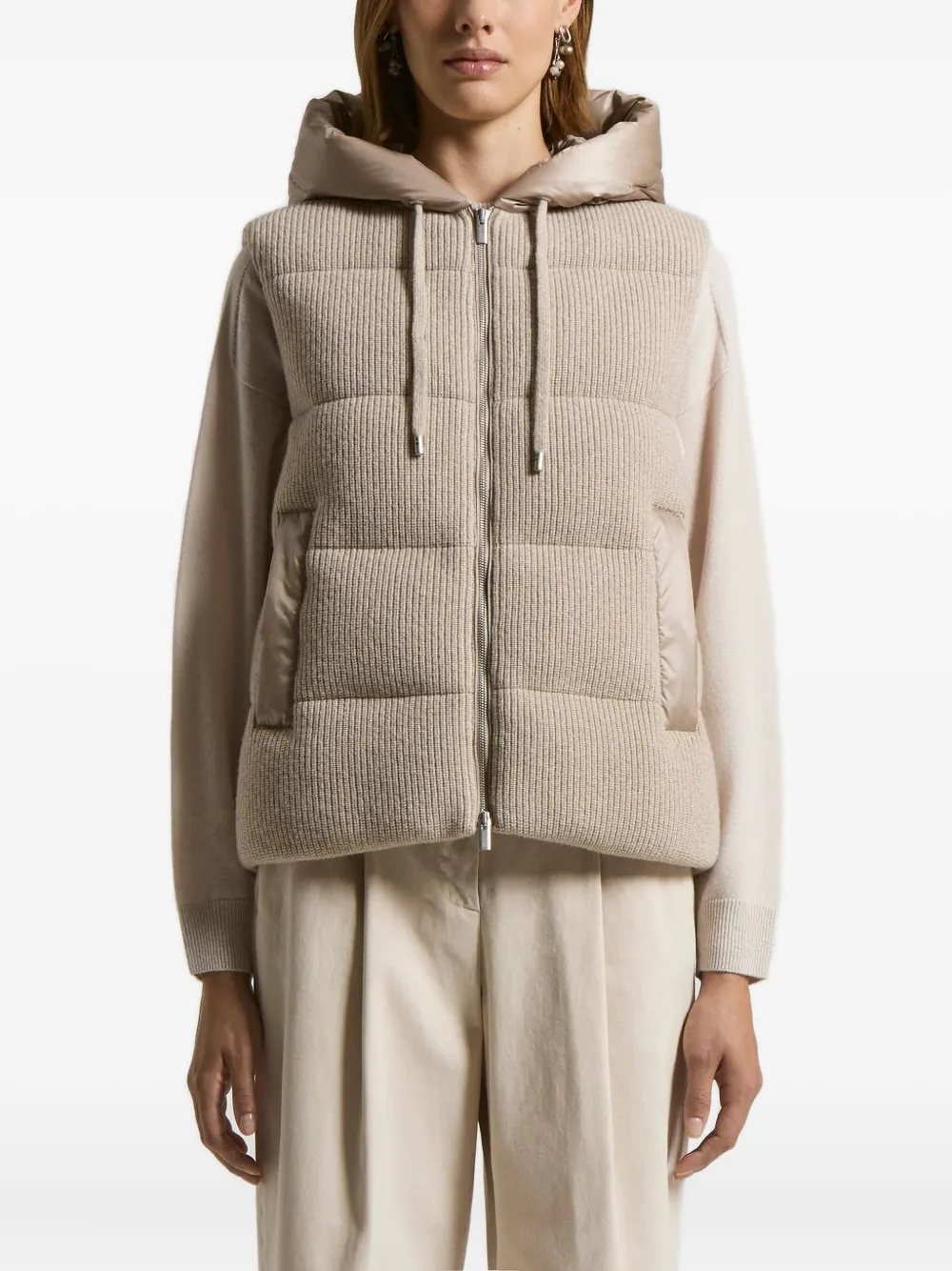 Peserico Hooded Ribbed Padded Vest In Neutral