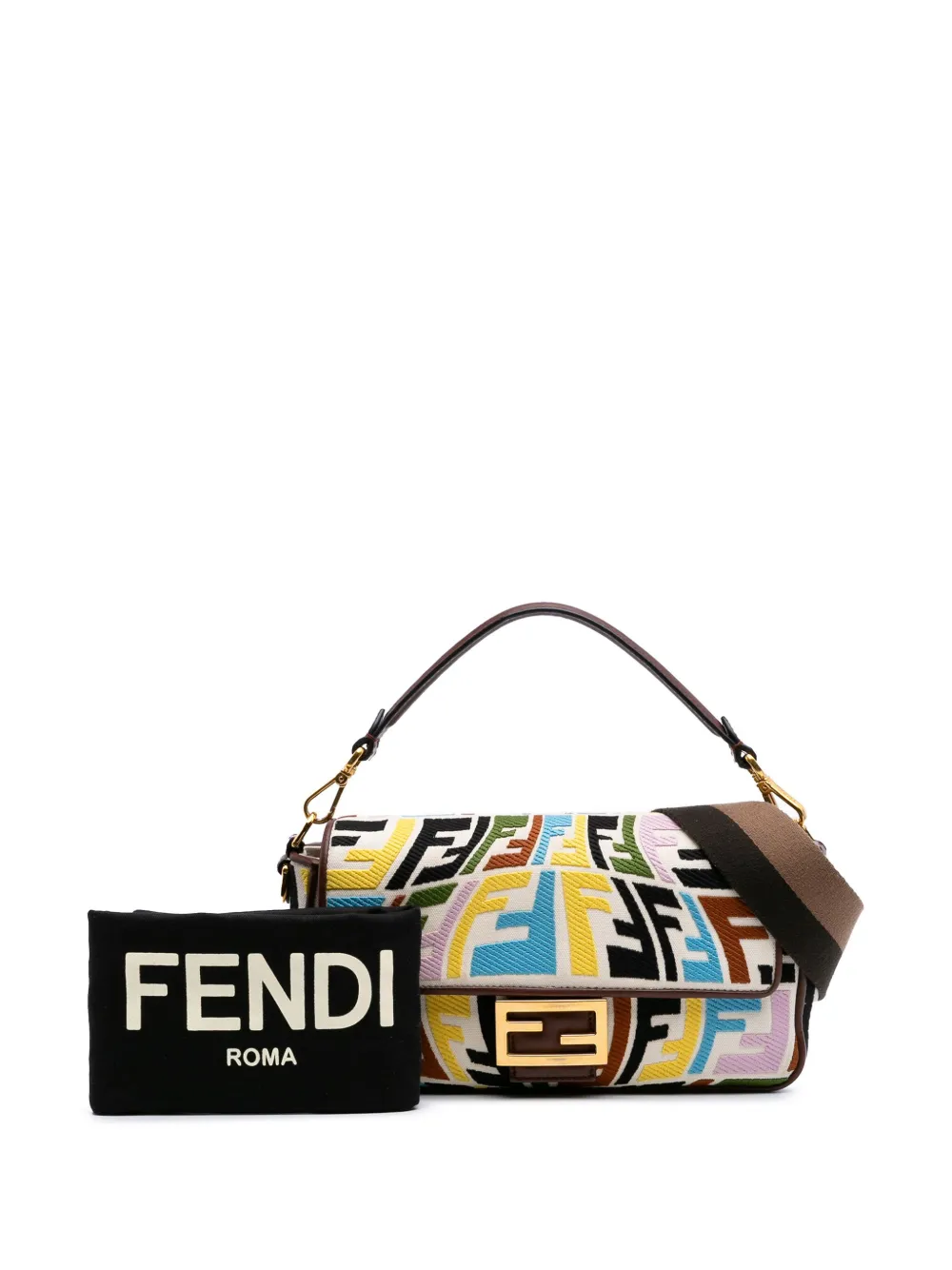 Pre-owned Fendi 2010-2025 Sarah Coleman Zucca Embroidered Canvas Fish Eye Vertigo Baguette Satchel