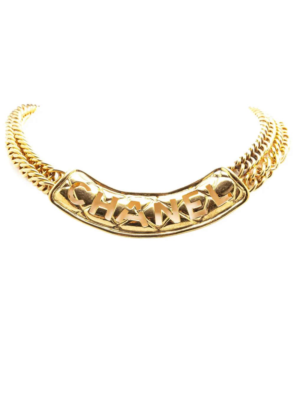 CHANEL Pre-Owned 1970-1980 Gold Plated Quilted Cut Out Logo Double Chain Necklace costume necklace | Gold | Image 1