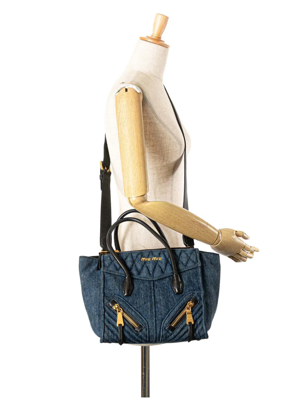 Pre-owned Miu Miu 2010-2025 Small Matelasse Denim Biker Satchel
