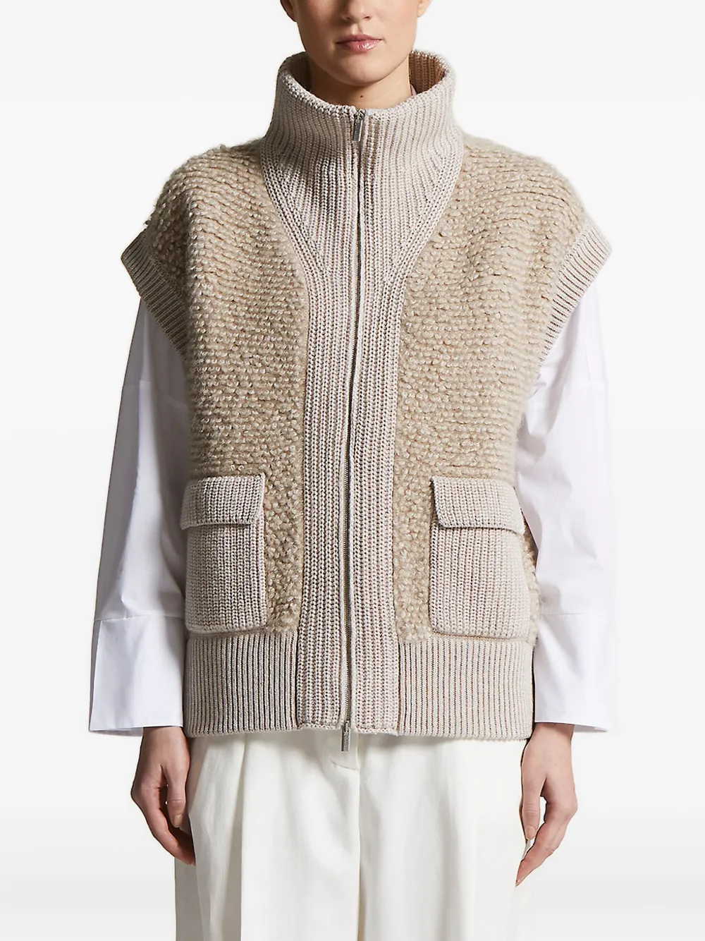 Peserico high-neck flap-pocket knitted vest Beige