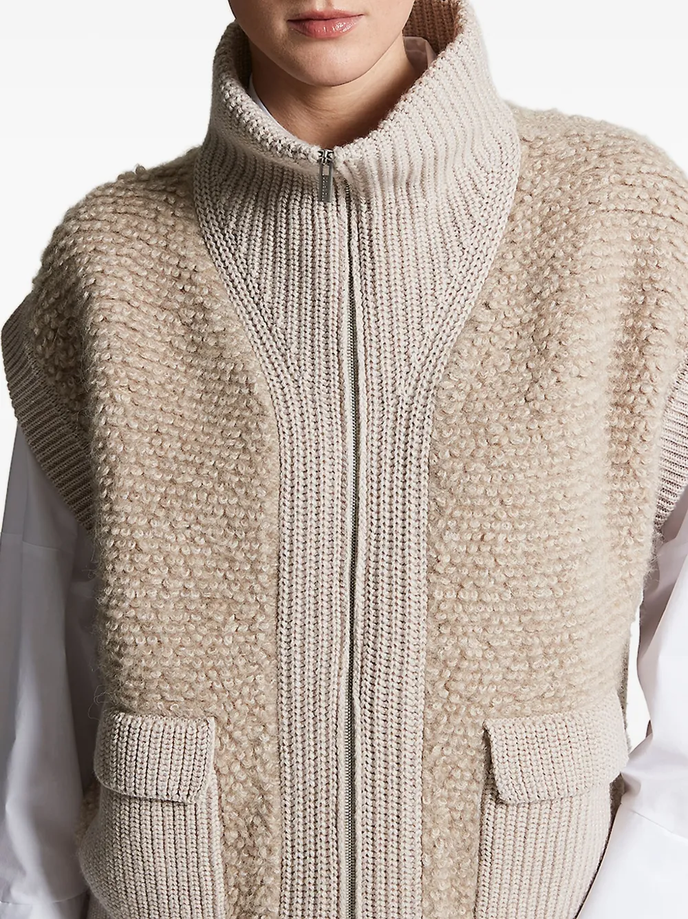 Peserico high-neck flap-pocket knitted vest Beige