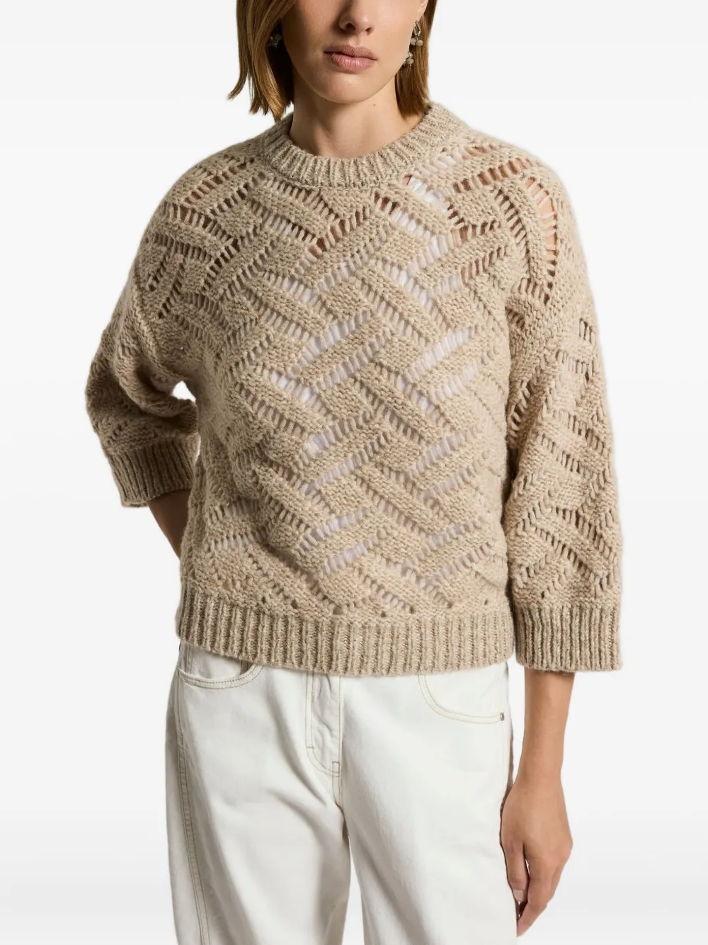 Peserico Chevron-pattern Open-knit Sweater In Brown