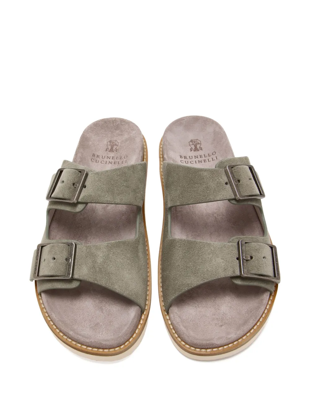 Brunello Cucinelli double-buckle suede sandals Green