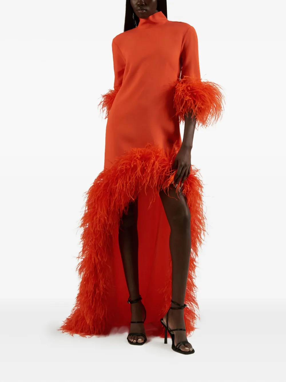 Taller Marmo Gina Extravaganza feather-trimmed high-low dress Oranje