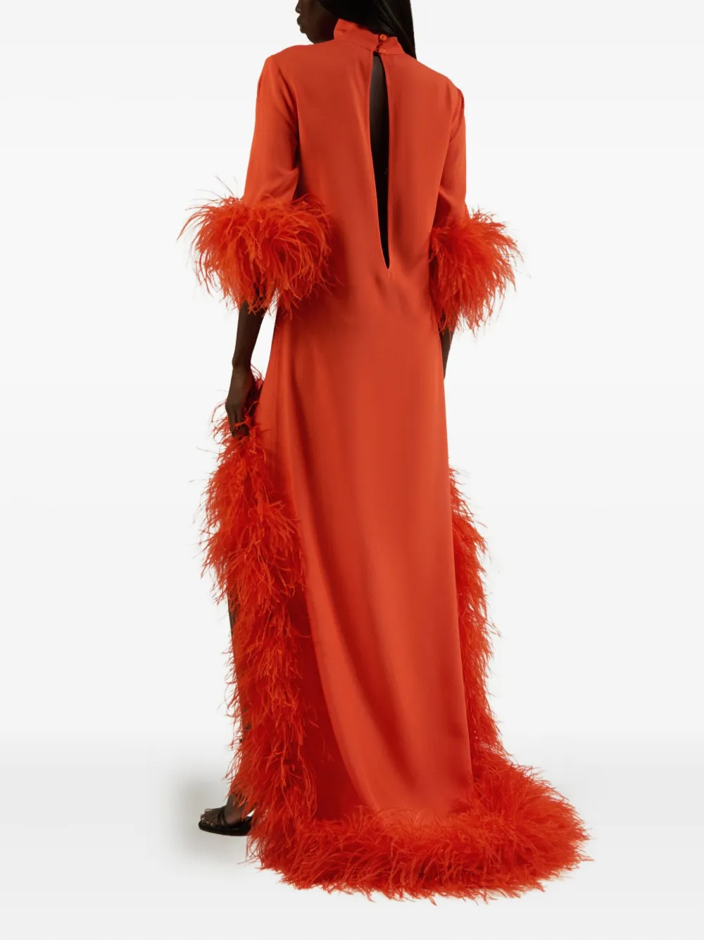 Taller Marmo Gina Extravaganza feather-trimmed high-low dress Oranje