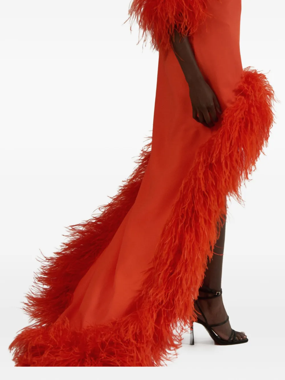 Taller Marmo Gina Extravaganza feather-trimmed high-low dress Oranje