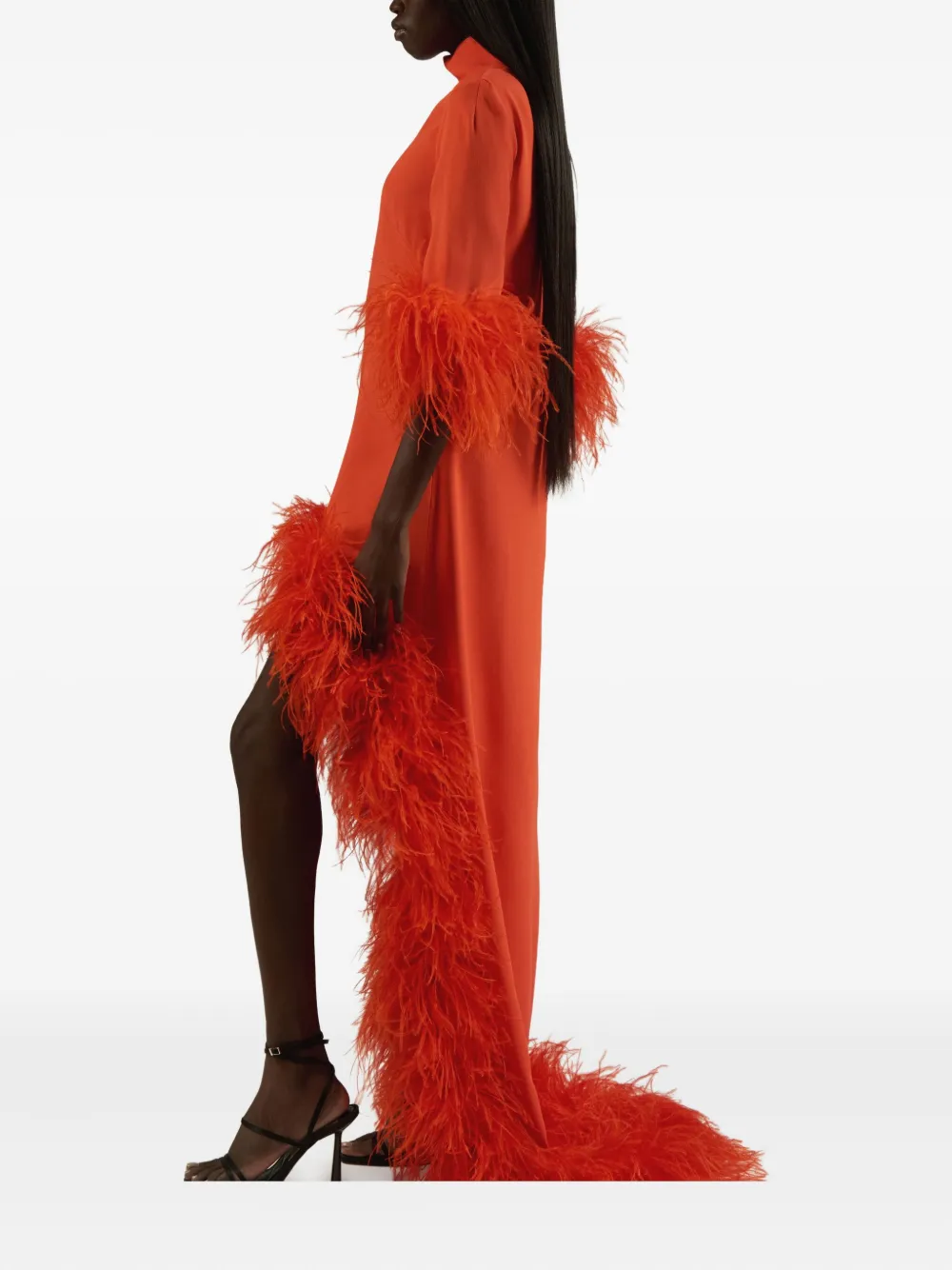 Taller Marmo Gina Extravaganza feather-trimmed high-low dress Oranje
