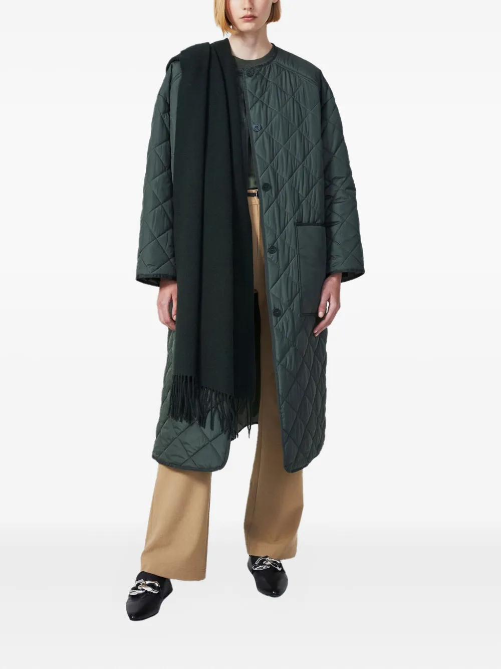 Rodebjer Wega fringed wool scarf Groen