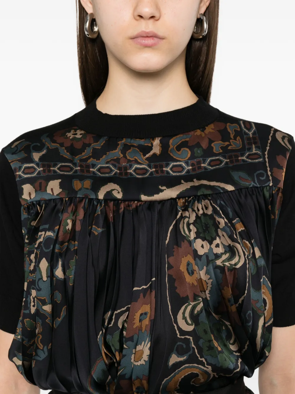 sacai Geplooide top met bloemenprint Zwart