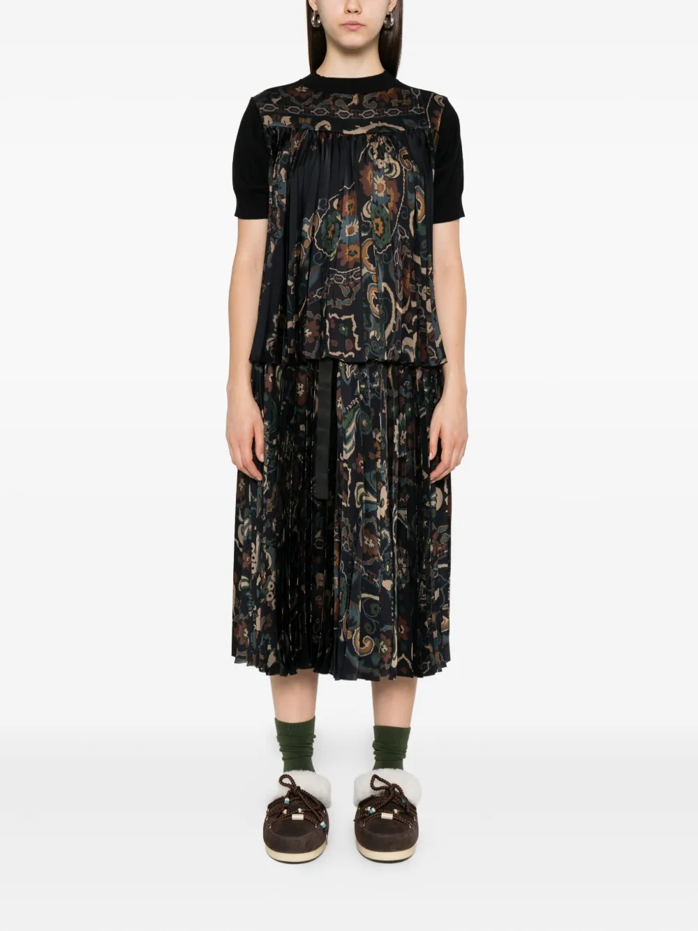sacai Geplooide top met bloemenprint Zwart