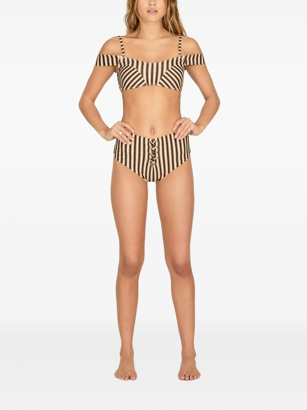 Amuse Striped Lace-up Bikini In Brown