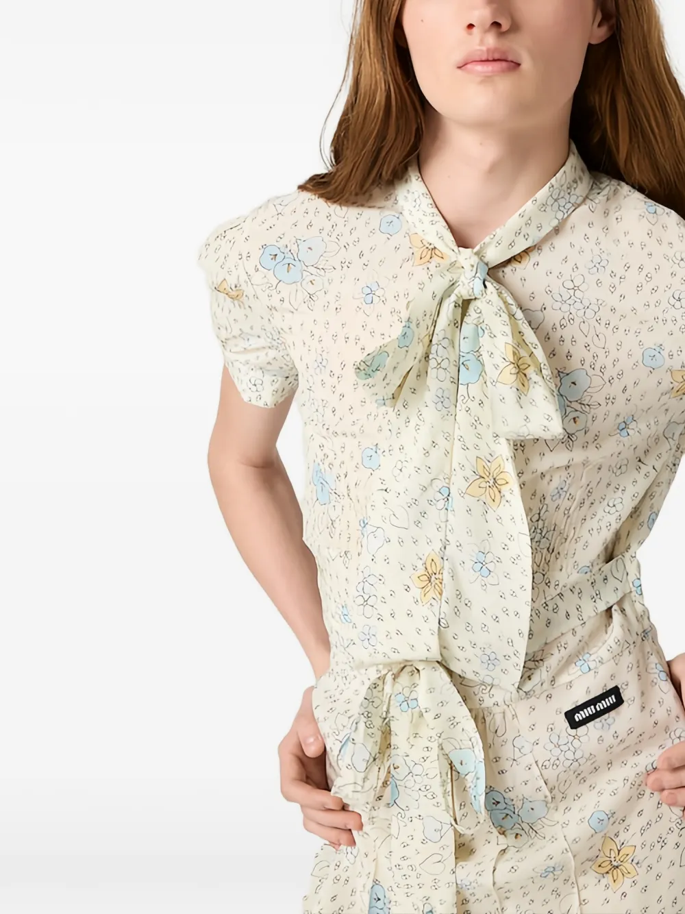 Miu Midi-jurk met pofmouwen en bloemenprint Beige